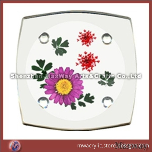 Elegant Polished Quadrate White Acrylic Coaster /Tray with Flower Picture Promotion for Cup
